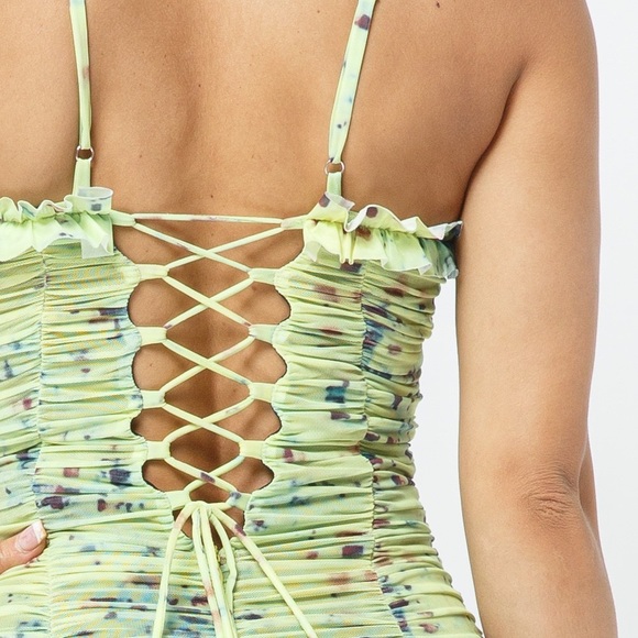 Lime Ruched Floral Mini Dress - Picture 5 of 6